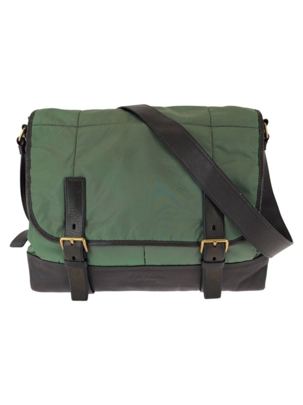 Prada Vintage Tessuto Front Logo Green Dark Brown Gold Nylon Leather Shoulder
